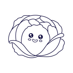 Cute Kawaii Cabbage cartoon kids illustration. Food vegetable outline line art illustration. Cabbage character, mascot in Doodle style. Kids Coloring book