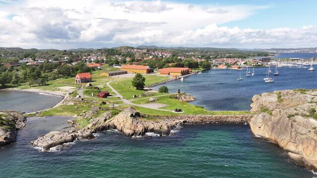 Scenic Village, Ocean And Lake In Vestfold og Telemark, Norway - aerial drone shot