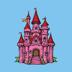 pink castle illustration, hand draw vector isolated on blue background