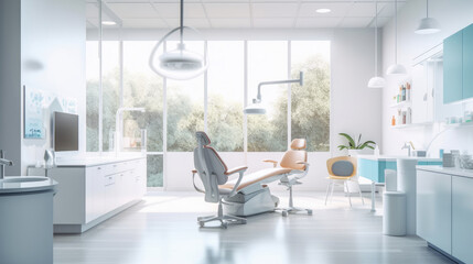 A modern dental practice interior, featuring an ergonomic dental chair and state-of-the-art technology