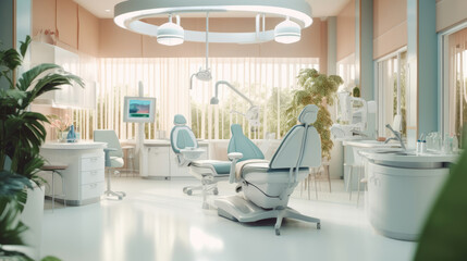 A modern dental practice interior, featuring an ergonomic dental chair and state-of-the-art technology