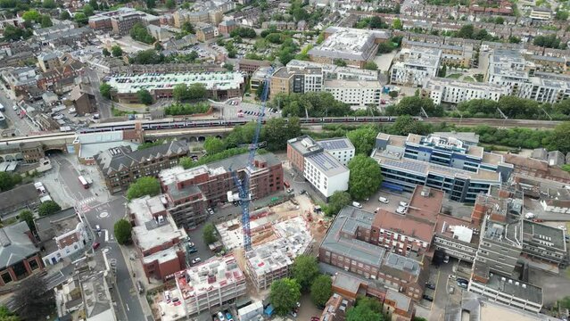 Train moving out of Chelmsford Station Essex UK drone,aerial