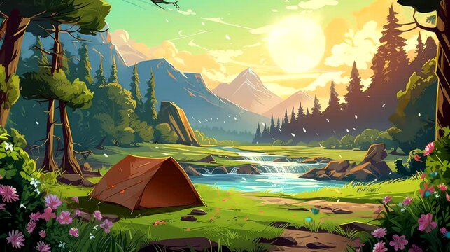 Anime video camping in the mountain, with nature view background, bonfire, river, flowers, forest, waterfall, cartoon style 
