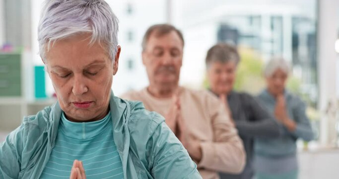 Old people in yoga class, exercise and meditation with breathing, wellness and retirement. Health, fitness and healing with group workout, holistic with zen and peace, mindfulness and vitality