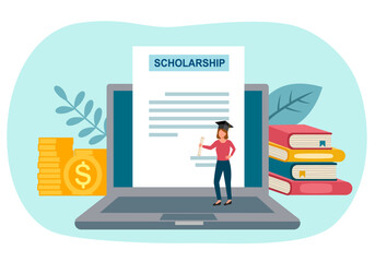 Education scholarship concept vector illustration. Stack of books, dollar coins, laptop computer and scholarship document in flat design.