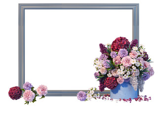 3D render photo frame decorated with vases of flowers and plants on transparent background.