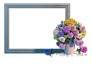 3D render photo frame decorated with vases of flowers and plants on transparent background.