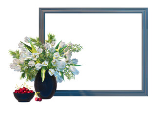 3D render photo frame decorated with vases of flowers and plants on transparent background.