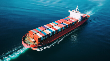 Fototapeta premium Aerial top view of cargo ship carrying container. Generative ai.