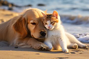 a cat and a dog on the beach