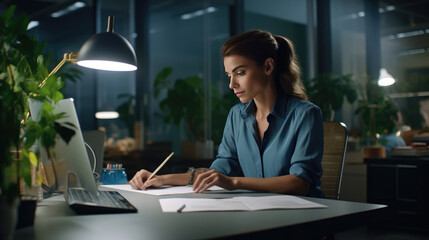 Fototapeta premium The elegance of a beautiful secretary working diligently at her desk in a modern office