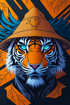 A detailed illustration of a tiger with a trendy hat  with leaf, paint splash, and graffiti background for a t-shirt design and fashion