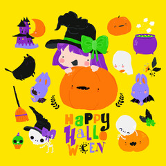 Happy Halloween Childish Collection with Design Elements. Halloween Collection. Ghost, Bat, Pumpkin, Skull, Witch