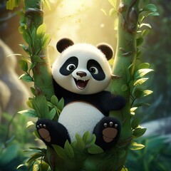 cute happy adorable panda 3d character isolated on jungle background generative ai