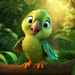 cute happy adorable parrot 3d character isolated on jungle background generative ai