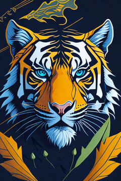 A detailed illustration of a tiger with leaf, paint splash, and graffiti background for a t-shirt design and fashion