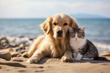 a cat and a dog on the beach