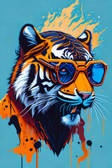 A detailed illustration of a tiger with trendy sunglasses with leaf, paint splash, and graffiti background for a t-shirt design and fashion