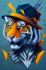 A detailed illustration of a tiger with a trendy hat  with leaf, paint splash, and graffiti background for a t-shirt design and fashion