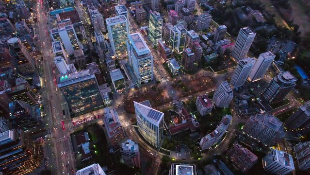 Drone Above Modern Latin American Town El Golf Neighborhood Santiago Chile Night Aerial View, High-End Scenic Town