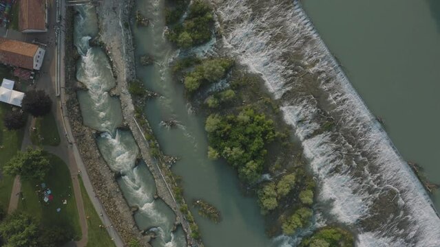 Flying over Ivrea river and waterways