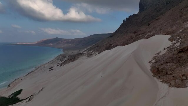 White Sand Dunes On The Shore Of Arher Beach In Socotra Island, Yemen. aerial