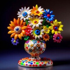 Colorful artificial flowers in a vase on a dark background