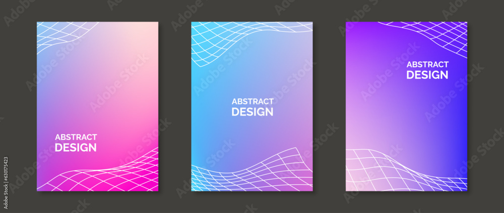 Poster Abstract gradient backgrounds with wavy grid elements. Set of bright colorful design templates for posters, banners, brochures, flyers, covers. Fluid vivid pink, blue and purple wallpaper pack. Vector