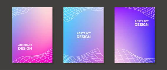Abstract gradient backgrounds with wavy grid elements. Set of bright colorful design templates for posters, banners, brochures, flyers, covers. Fluid vivid pink, blue and purple wallpaper pack. Vector