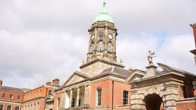 Copper domed tower on top of Bedford Hall with statue of Justice to the right, Dublin Castle