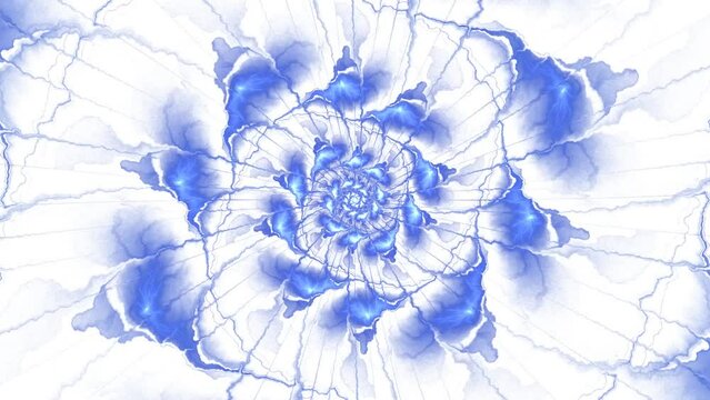 Light blue curve rays rotating clockwise and making floral symmetrical pattern on white background. Cyan fractal forms circulation. Fibonacci spiral motion. 4K UHD 4096x2304 ultra high definition