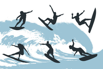 set of surfers on the background of the wave