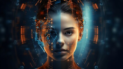 Female face with matrix digital numbers artifical intelligence. - Powered by Adobe