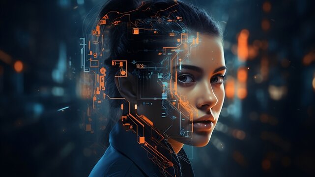Female face with matrix digital numbers artifical intelligence. Side view