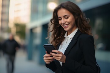 Young busy happy business woman office professional holding cellphone in hands walking on big city urban street making corporate business call, talking on the cellular phone. generative AI