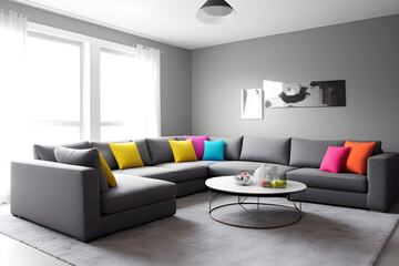 Spacious modern lounge with gray sofas and colorful pillows and poufs. Modern living room
