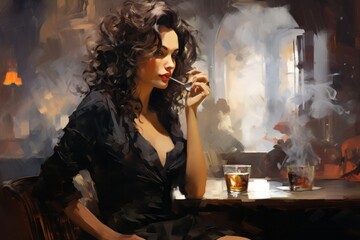 Painting style of a sexy elegant woman dressed in black in a cafe smoking a cigarette. Businesswomen, women power.