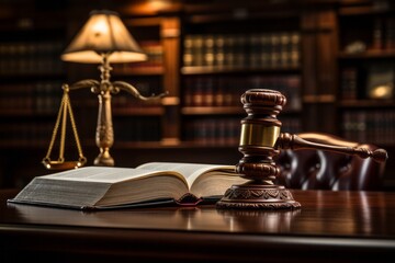 Wooden judge&rsquo;s gavel and book on a table.  Law books and gavel