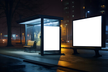 bus stop with two blank signage posters, illustrative graphic resource, night time
