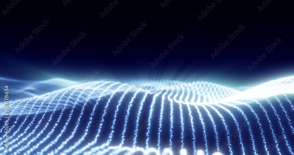 Poster abstract blue waves from glowing particles and lines futuristic hi-tech background