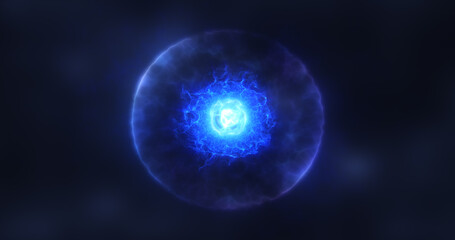 Abstract sphere atom with electrons flying glowing bright particles and energy magic field, science futuristic hi-tech background