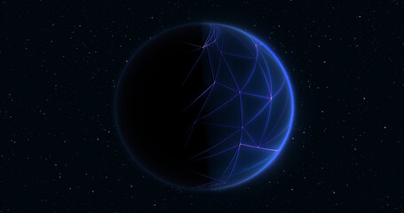 Abstract blue space futuristic planet round sphere against the background of stars