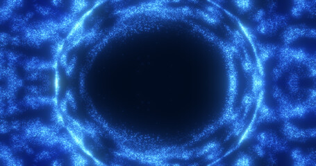 Abstract background of an energetic blue magic ring of glowing particles and a wave of energy
