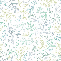 Seamless plant pattern. Doodle botanical pattern of curly stems. Green leaves and spiral curly sprout or shoot of wild plant. Abstract background. Calm floral pattern for design, textile and wrapping 
