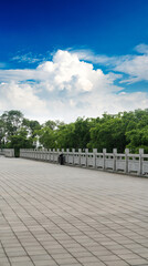 The empty marble floor with beautiful scenery and sky clouds