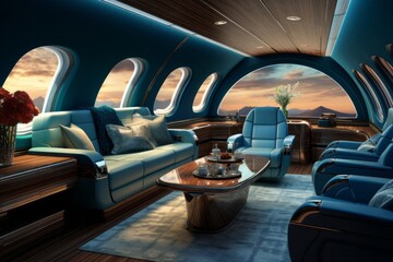 Luxury interior of a private jet, business trip, luxury life concept. Business jet interior