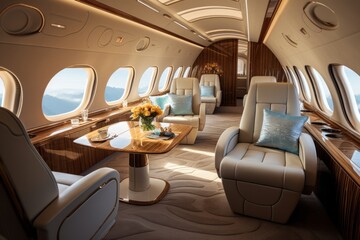 Fototapeta premium Luxury interior of a private jet, business trip, luxury life concept. Business jet interior