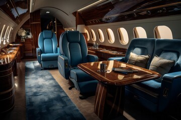 Luxury interior of a private jet, business trip, luxury life concept. Business jet interior