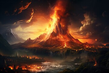 Mount volcano erupting, Molten lava or magma. Volcanic mountain in eruption