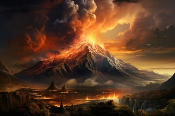 Mount volcano erupting, Molten lava or magma. Volcanic mountain in eruption